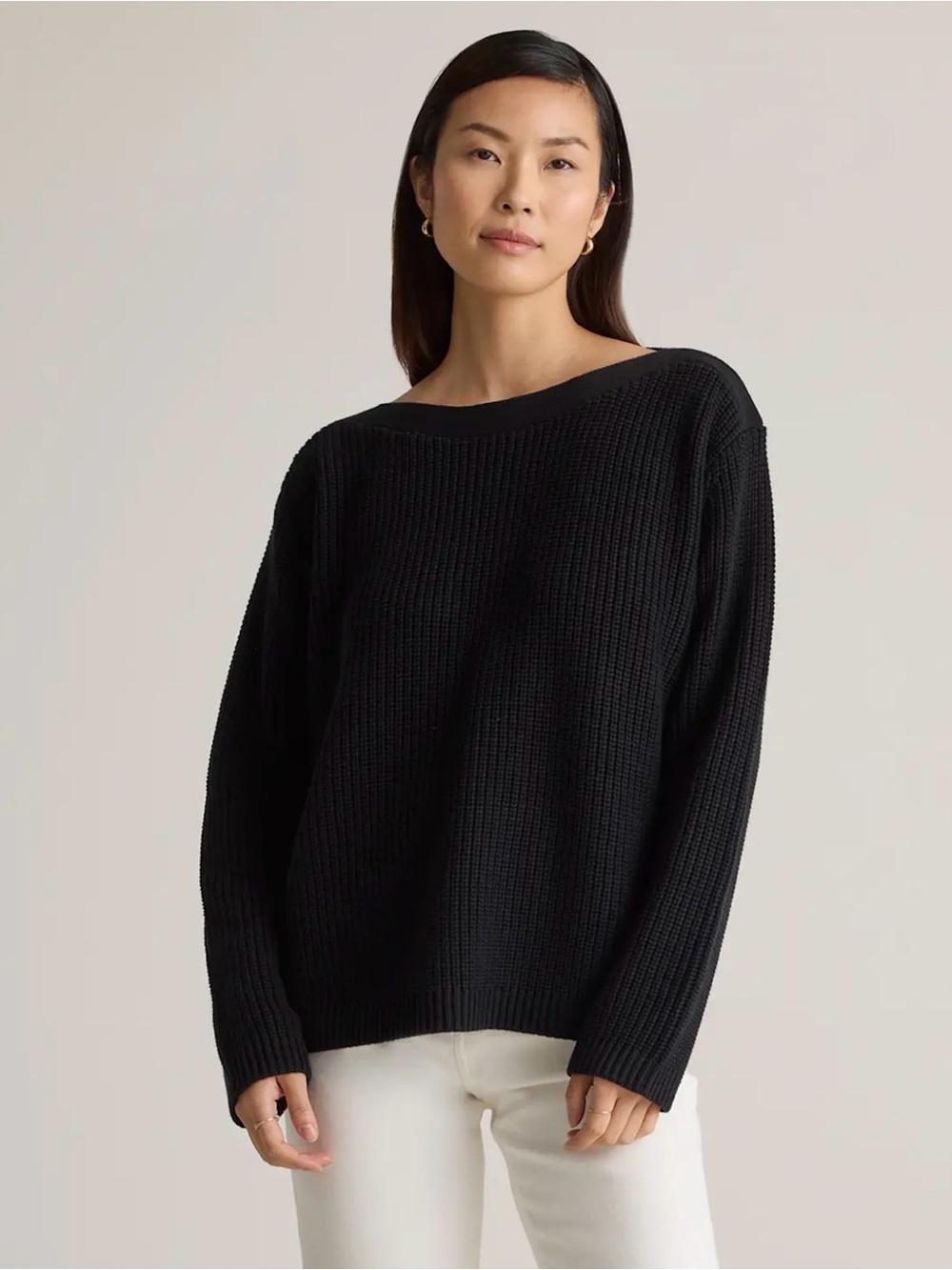 Quince Black Organic Cotton Fisherman Boatneck Sweater, Size S